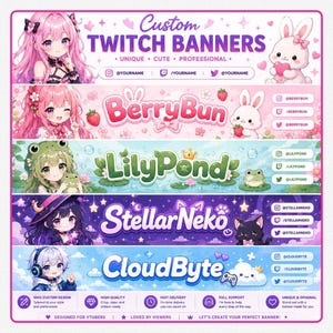 May include: A collection of five custom Twitch banners featuring anime-style characters and themes. The designs include BerryBun with a rabbit, LilyPond with a frog, StellarNeko with a cat, and CloudByte with a cloud, all displaying social media handles.
