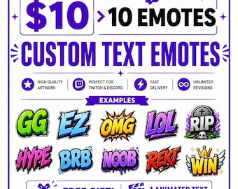Custom Twitch Text Emotes | 10 Custom Gaming Text Emotes | Discord PNG Emotes | Neon Stream Emotes | Personalized Design