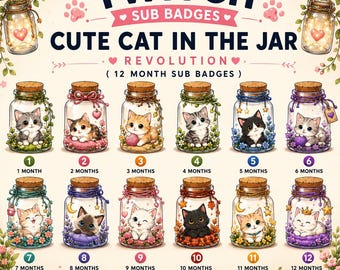 Cute Cat Twitch Sub Badges | Cat in a Jar Badge Pack | 12 Month Loyalty Badges | Kawaii Twitch Badges | Instant Download
