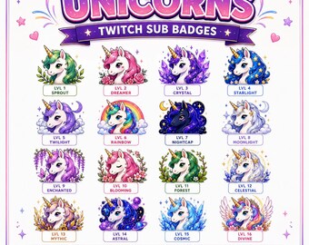 16 Unicorn Twitch Sub Badges | Cute Fantasy Subscriber Badges | Kawaii Twitch Badges | Discord PNG Emoji | Instant Download