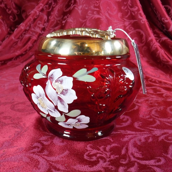 Fenton Art Glass Limited Edition, Red Hand painted Potpourri Jar, Signed C. Smith