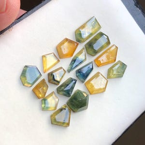 Peut inclure: Une collection de quinze pierres précieuses facettées en forme de bouclier disposées en grappe. Les pierres présentent un dégradé de couleurs allant du jaune translucide et ambre au vert forêt profond et bleu-vert, avec une surface polie et réfléchissante.