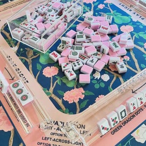 NEW! Mahjong 4 pc Starter Bundle- Tiles, Acrylic Box, Floral Mat & Acrylic Racks