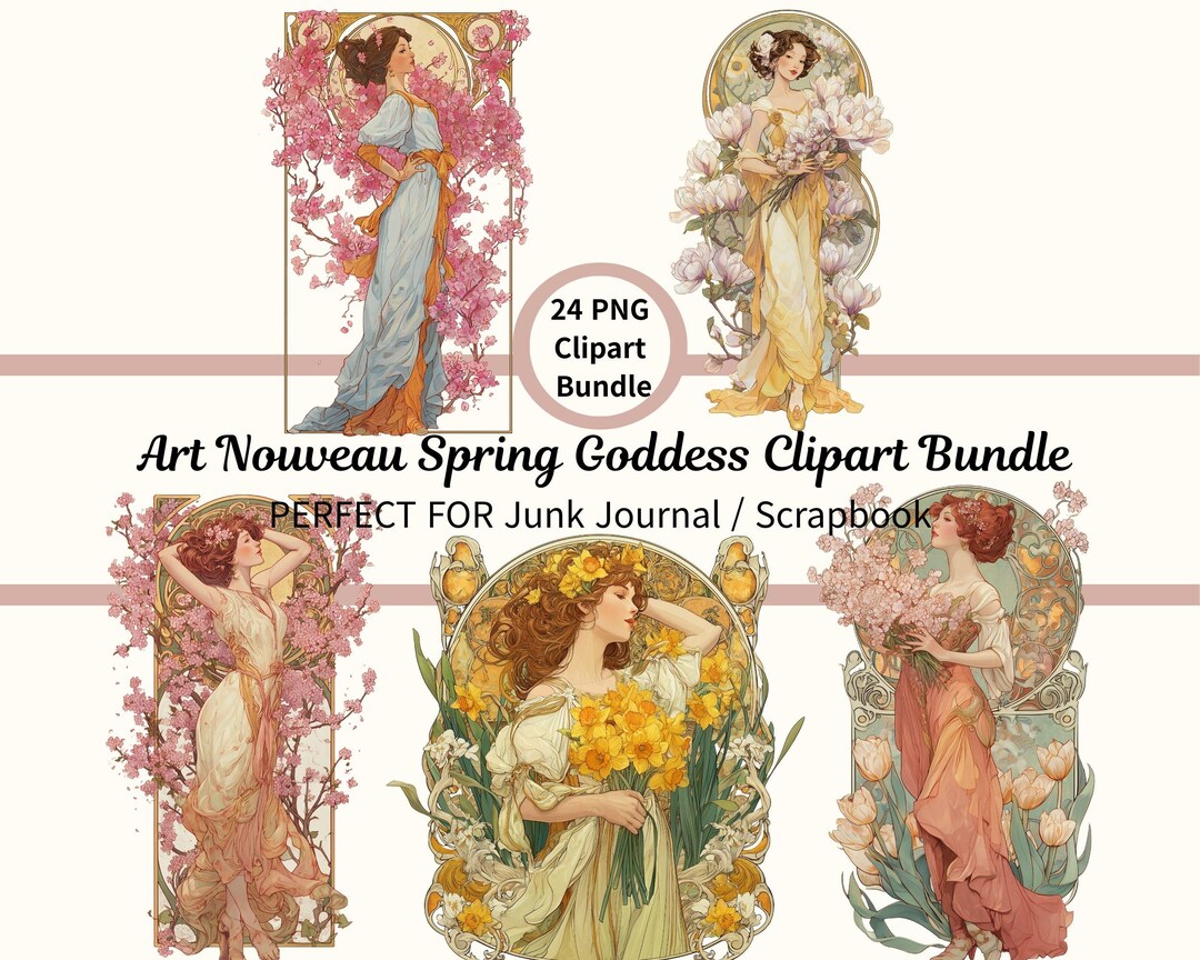 Art Nouveau Spring Goddess Clipart Bundle, Vintage Floral Woman PNG ...