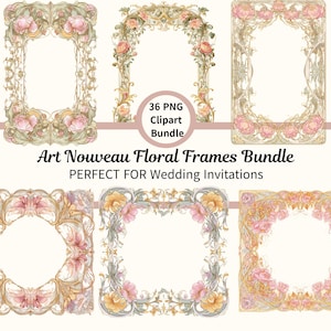 May include: A collection of six Art Nouveau floral frames in various shapes. The frames feature intricate gold filigree designs with pink and yellow floral accents. The text "Art Nouveau Floral Frames Bundle" is displayed.