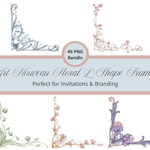 Marcos de esquina en forma de L con diseño floral Art Nouveau • Clipart decorativo botánico • 48 PNG • Paquete de marcos ornamentales vintage