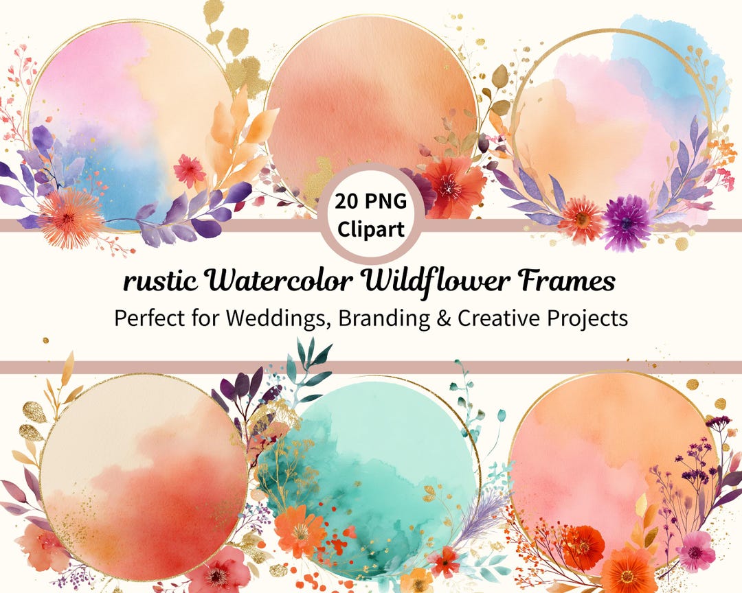 Boho Watercolor Wildflower Frames PNG Bundle, Rustic Floral Circle ...