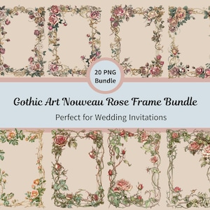 Gothic Art Nouveau Rose Frame Bundle, Vintage Floral Borders PNG, Dark Romantic Wedding Invitation Clipart, Ornamental Botanical Frames