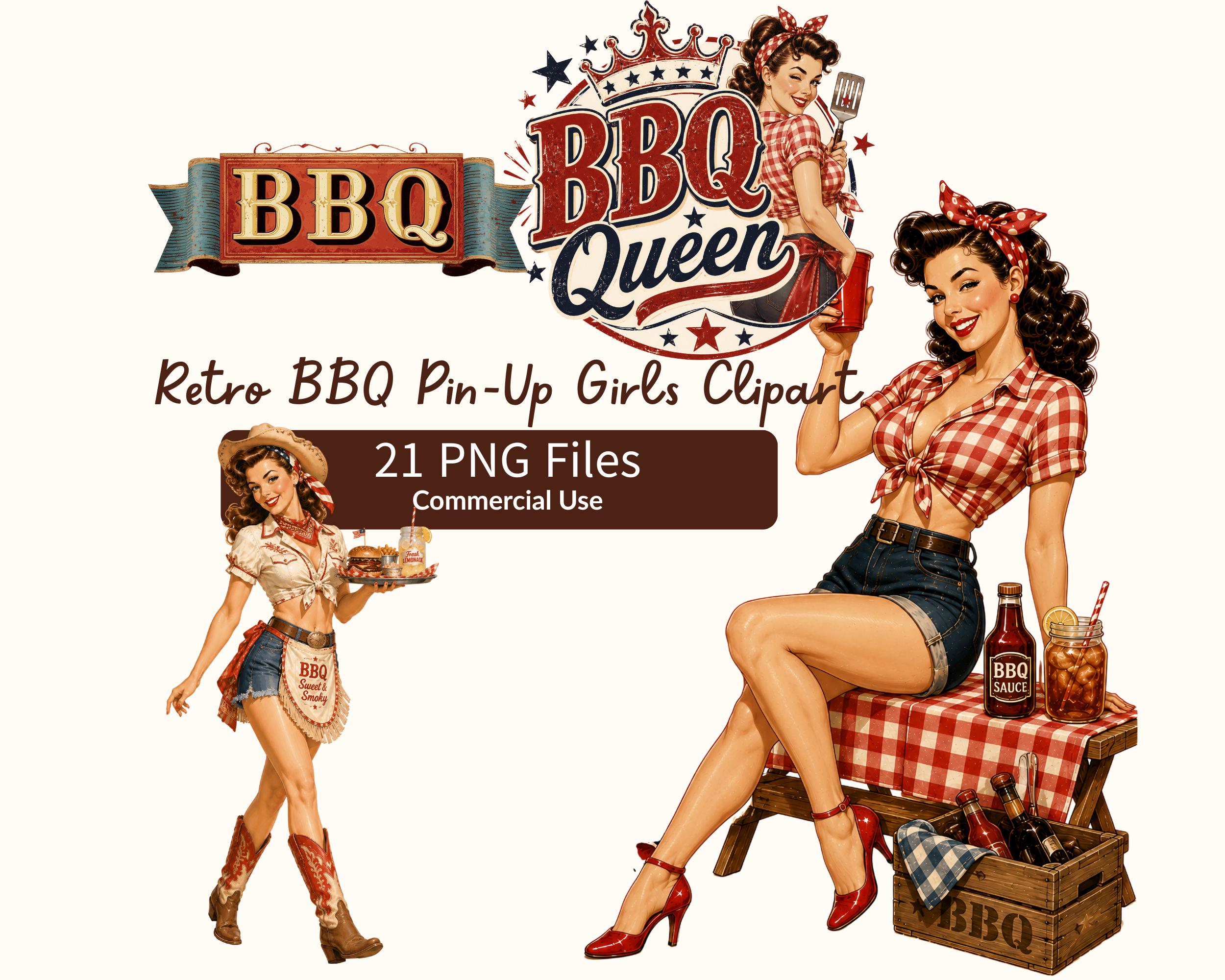Retro BBQ Pin up Girls Clipart Bundle, 4th of July PNG, Vintage ...