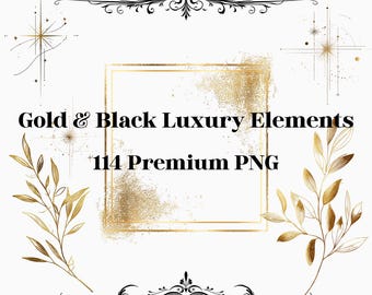Gold & Black Luxury Design Elements | 114 Elegant PNG Clipart for Wedding, Branding Cards