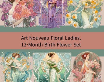 72 Jugendstil Geburtsblumen Clipart Bundle, 12 Monate Blumendamen, High-Res 300 DPI, transparentes PNG, Vintage Jugendstil Blumen