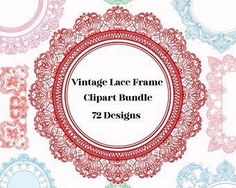 Può includere: Una collezione di cornici in pizzo circolari e rettangolari in rosso, rosa, blu e verde. La cornice rossa centrale presenta il testo Vintage Lace Frame Clipart Bundle 72 Designs. Queste grafiche digitali decorative mostrano motivi complessi.