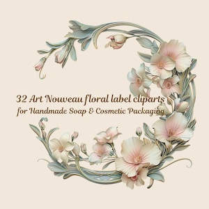 May include: An Art Nouveau floral design with a circular arrangement of pale pink and cream flowers, green leaves, and a light blue frame. The text reads "32 Art Nouveau floral label cliparts for Handmade Soap & Cosmetic Packaging."