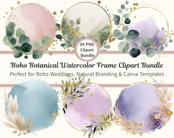 Boho Botanical Watercolor Frame Bundle, Eucalyptus Olive Pampas Clipart, Neutral Wedding Logo PNG, Canva Template Graphics