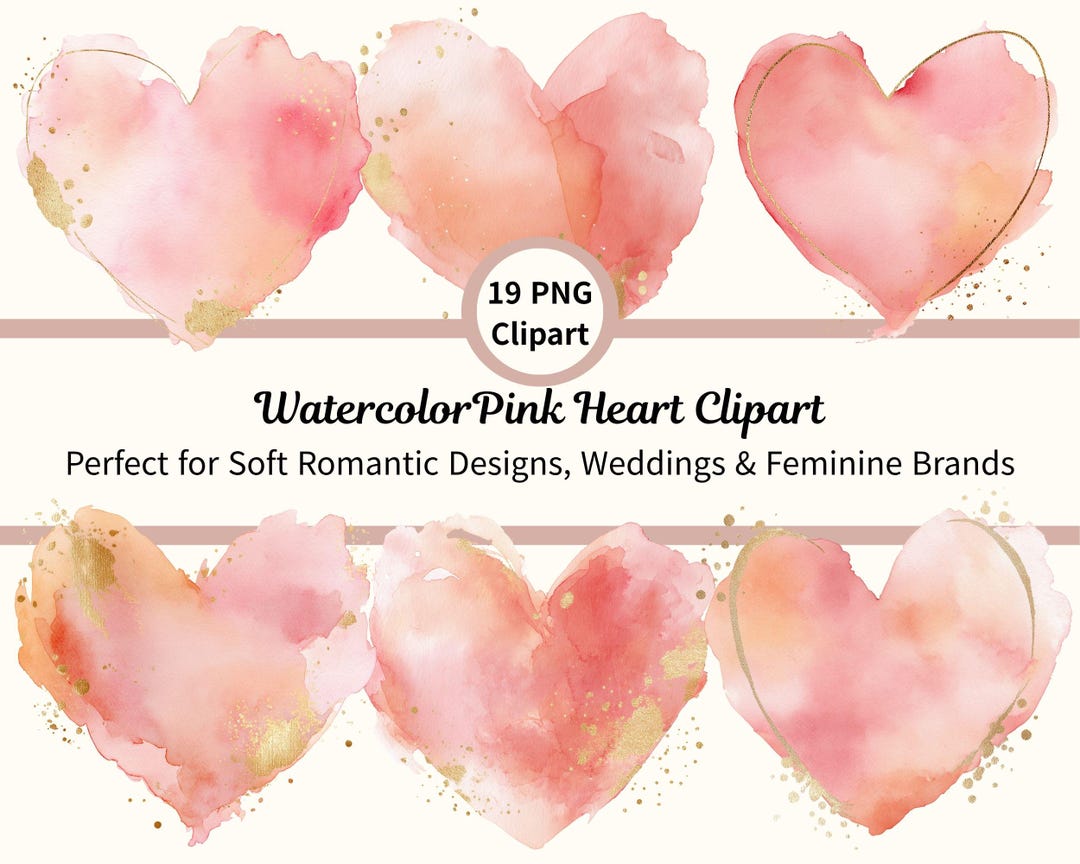 Watercolor Pink Heart Clipart PNG, Gold Romantic Heart, Wedding ...