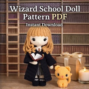 May include: A crochet doll and cat, with the text "Wizard School Doll Pattern PDF Instant Download". The doll wears a black robe and holds a book. The cat is orange. A candle and gift box are also present.