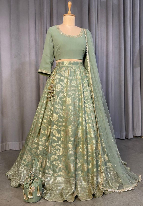 Sage Green Lehenga Choli Set With Dupatta, Indian Wedding Outfit, Floral  Brocade Lengha - Etsy
