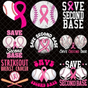 May include: A collection of baseball-themed designs with pink ribbons, symbolizing breast cancer awareness. The designs include baseballs, hearts, and text that reads "Save Second Base" and "Strikeout Breast Cancer". The images are on a black background.