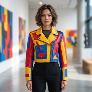 Peut inclure: Veste en cuir colorée avec un design patchwork rouge, jaune et bleu. La veste a un style motard classique avec une fermeture éclair, une petite poche rouge et un col jaune. La veste est portée avec un pantalon noir.