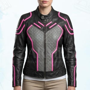 May include: Black leather jacket with pink accents. The jacket features a quilted gray panel on the front and pink trim along the seams and edges. It has a stand-up collar and a zipper closure.