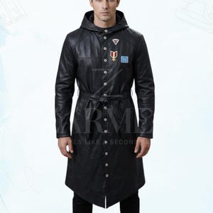 Men's Battle Royale Lone Survivor Black Leather Trench Coat - Handcrafted Hooded Tactical Assassin Jacket - Belted Gaming Style Outerwear