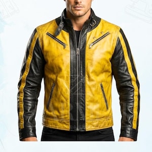 Peut inclure: Veste en cuir jaune et noir avec fermeture éclair, deux poches poitrine et deux poches latérales. La veste a des rayures noires sur les manches et un col noir. Style motard classique.