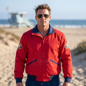 Handmade Retro Lifeguard Red Cotton Bomber Jacket - Baywatch Two-Tone Casual Windbreaker Coat - Luxury Tailored Heritage Beach Wear