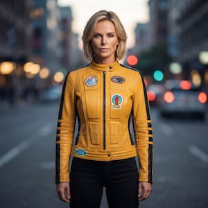 May include: A yellow leather jacket with black side panels and sleeves, featuring a mandarin collar, a central zip, and multiple colourful patches on the chest and hem. The jacket has a structured, panelled design with horizontal stitching.