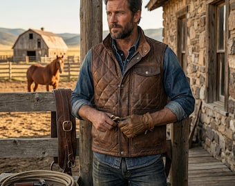 Chaleco de piel de cordero acolchada marrón hecho a mano - Chaleco con pespuntes en forma de diamante - Prenda de abrigo de lujo de piel auténtica con cuello alto