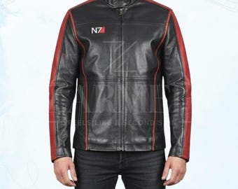 May include: Black leather jacket with red stripes on the sleeves and shoulders. The jacket has a stand-up collar and a zipper closure. The left chest features a small patch with the letters "N7".