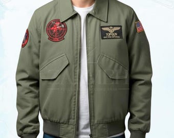 Olive Green Cotton Aviator Bomber Jacket - Handcrafted Military Style Flight Coat with Iconic Patches - Lightweight Spring & Fall Outerwear