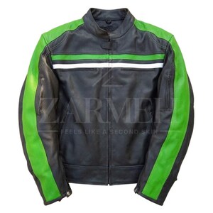 Size chart image for ZARMEH Men's Green Stripe Biker Jacket.