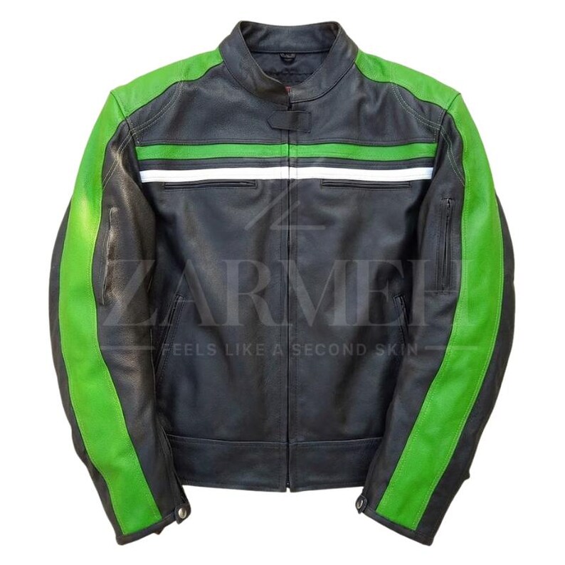 Size chart image for ZARMEH Men's Green Stripe Biker Jacket.