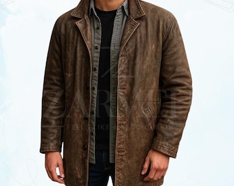 Men's Distressed Vintage Brown Leather Hunter Trench Coat - Handcrafted Mid-Length Duster Jacket - Rugged Dean Winchester Style Leather Wear