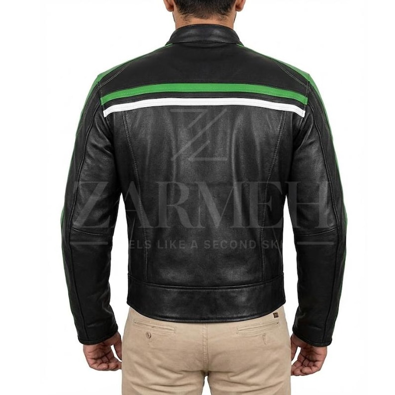 Back view of the Black and Green Racing Jacket.