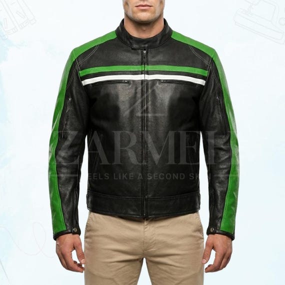 Black & Green Striped Real Cowhide Leather Biker Jacket - Handmade Motorcycle Racing Jacket with Removable CE-Approved Protective Armor