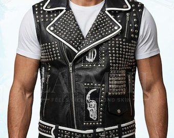 Mens Black Cowhide Leather Punk Gothic Vest, Hand-Studded Spiked Rocker Biker Waistcoat, Sleeveless Brando Style Moto Vest