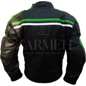Full view of Men's Black Leather Biker Jacket with Green and White Stripes, ZARMEH.
Close-up of the horizontal green and white racing stripe detail on the chest.