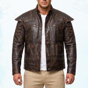 Men's Witcher’s Legacy Dark Brown Leather Jacket - Handcrafted Cyber Mercenary Padded Moto - Wolf Insignia Tactical Hunter Outerwear