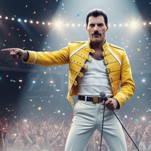 May include: A person with dark hair and a mustache wearing a bright yellow military-style jacket with buckles over a white tank top and white trousers. The person holds a microphone in one hand and points with the other amidst falling confetti.
