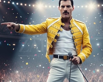 Giacca in pelle gialla in stile Freddie Mercury, costume da concerto dei Queen, capospalla da motociclista con iconica fibbia.