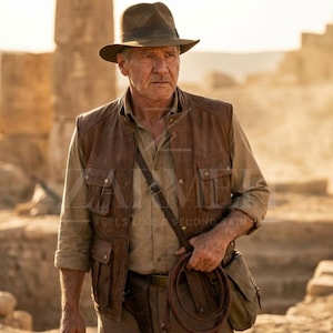 May include: A brown leather vest with multiple pockets, worn over a light brown button-down shirt. The image shows a brown fedora hat and a leather satchel. The text "FEELS LIKE A SECOND SKIN" is visible.