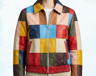 Handmade Multicolor Patchwork Leather Bomber Jacket, Retro Checkered Rainbow Moto Coat - Vintage Lambskin Gen-Z Shirt Collar Jacket
