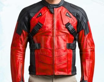 Men's Red & Black Mercenary Leather Biker Jacket - Handcrafted Tactical Padded Armor Moto Coat -  Anti-Hero Style Biker Outerwear