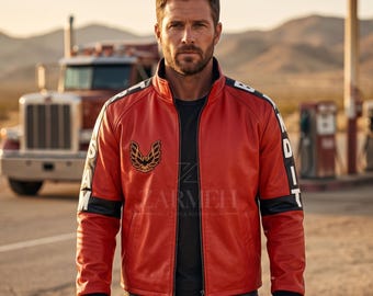 Retro Red Racing Trans Am Inspired Bomber Jacket - Handmade Smokey Biker Leather Coat - Vintage Sports Outerwear - Gift for Car Lover