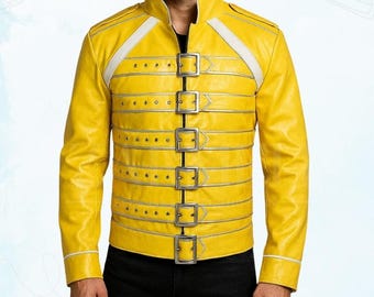 Chaqueta de cuero amarilla estilo Freddie Mercury, disfraz de concierto de Queen, abrigo de moto con hebilla icónica y detalles