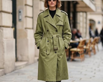 Gabardina larga de doble botonadura para mujer, color verde caqui clásico, hecha a mano. Abrigo cortavientos con solapa, corte entallado de lujo y cinturón, de algodón.