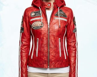 Vtg 70s British Red & White Leather Cafe Racer Motorcycle Jacket