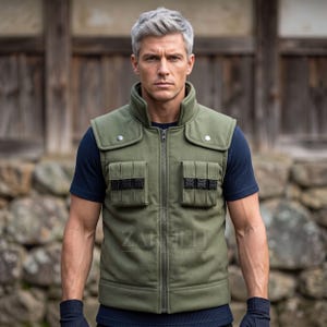 Può includere: Un gilet tattico verde oliva con colletto alto, cerniera frontale a tutta lunghezza e due tasche sul petto con chiusure a fibbia nere. Il gilet presenta patte sulle spalle con bottoni a pressione argentati ed è indossato sopra una maglia blu scuro.