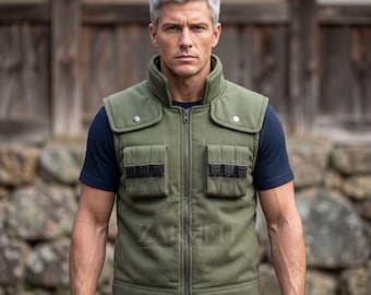 Olive Green Tactical Ninja Vest Men - Anime Cosplay Flak Jacket - Military Style Canvas Padded Gilet - Handmade Manga Costume Waistcoat